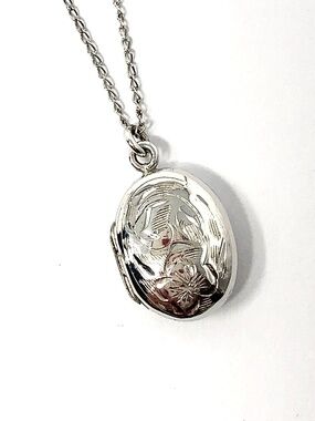 Mid-century etched sterling silver locket necklace